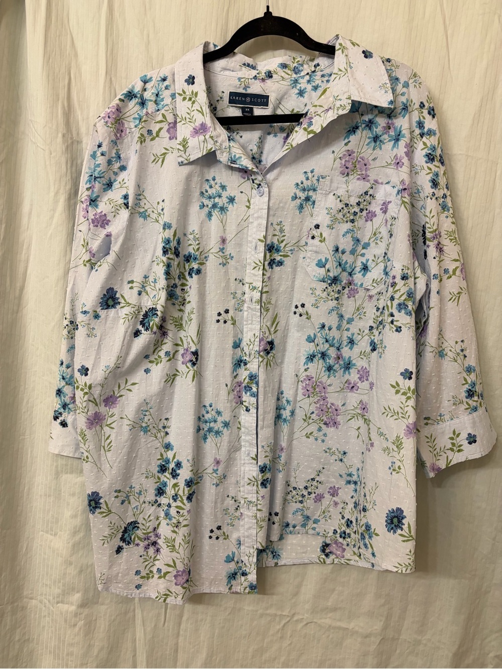 Scott White Floral Button-Down Shirt with Blue & Purple Blooms